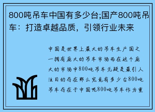 800吨吊车中国有多少台;国产800吨吊车：打造卓越品质，引领行业未来