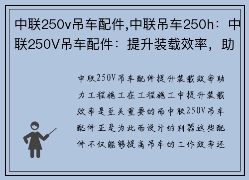 中联250v吊车配件,中联吊车250h：中联250V吊车配件：提升装载效率，助力工程施工