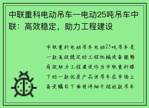 中联重科电动吊车—电动25吨吊车中联：高效稳定，助力工程建设