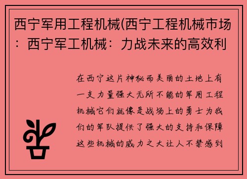 西宁军用工程机械(西宁工程机械市场：西宁军工机械：力战未来的高效利器)